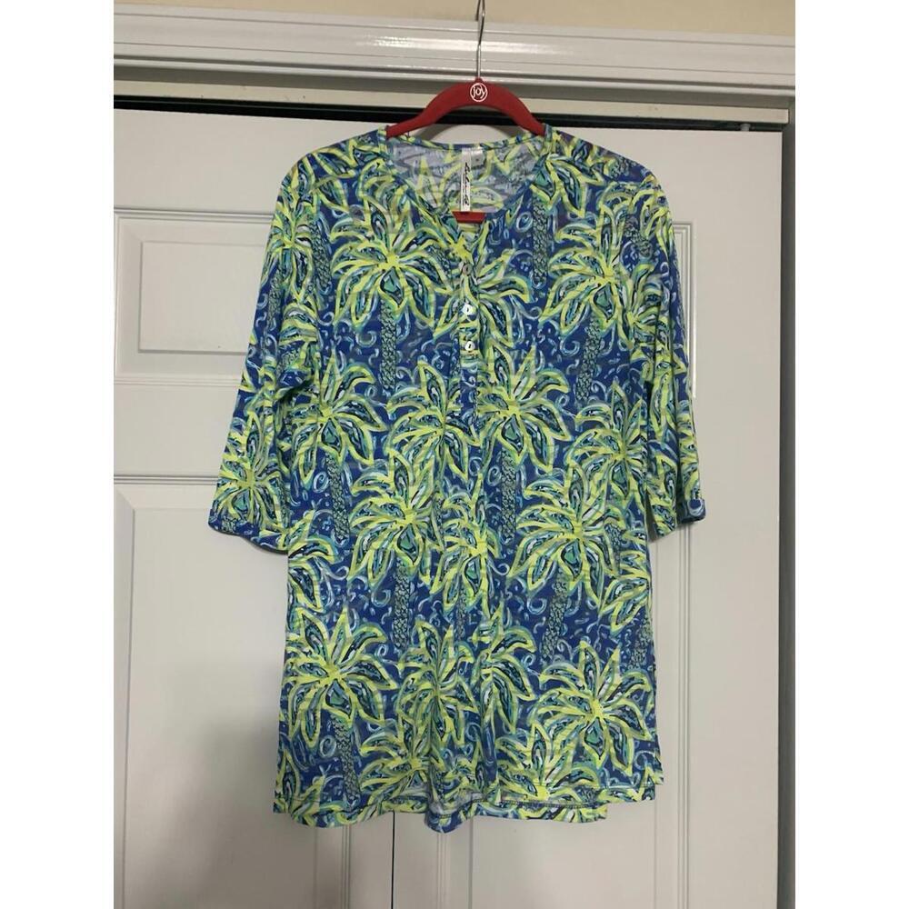 Lulu B Top Size M Yellow Blue Floral Semi Sheer Tunic Shirt Beachy Casual
